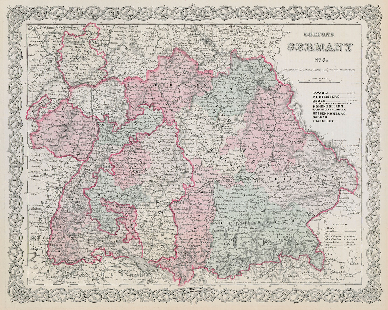 Colton's Germany No 3. Southern. Bavaria & Baden-Wurttemberg 1869 old map