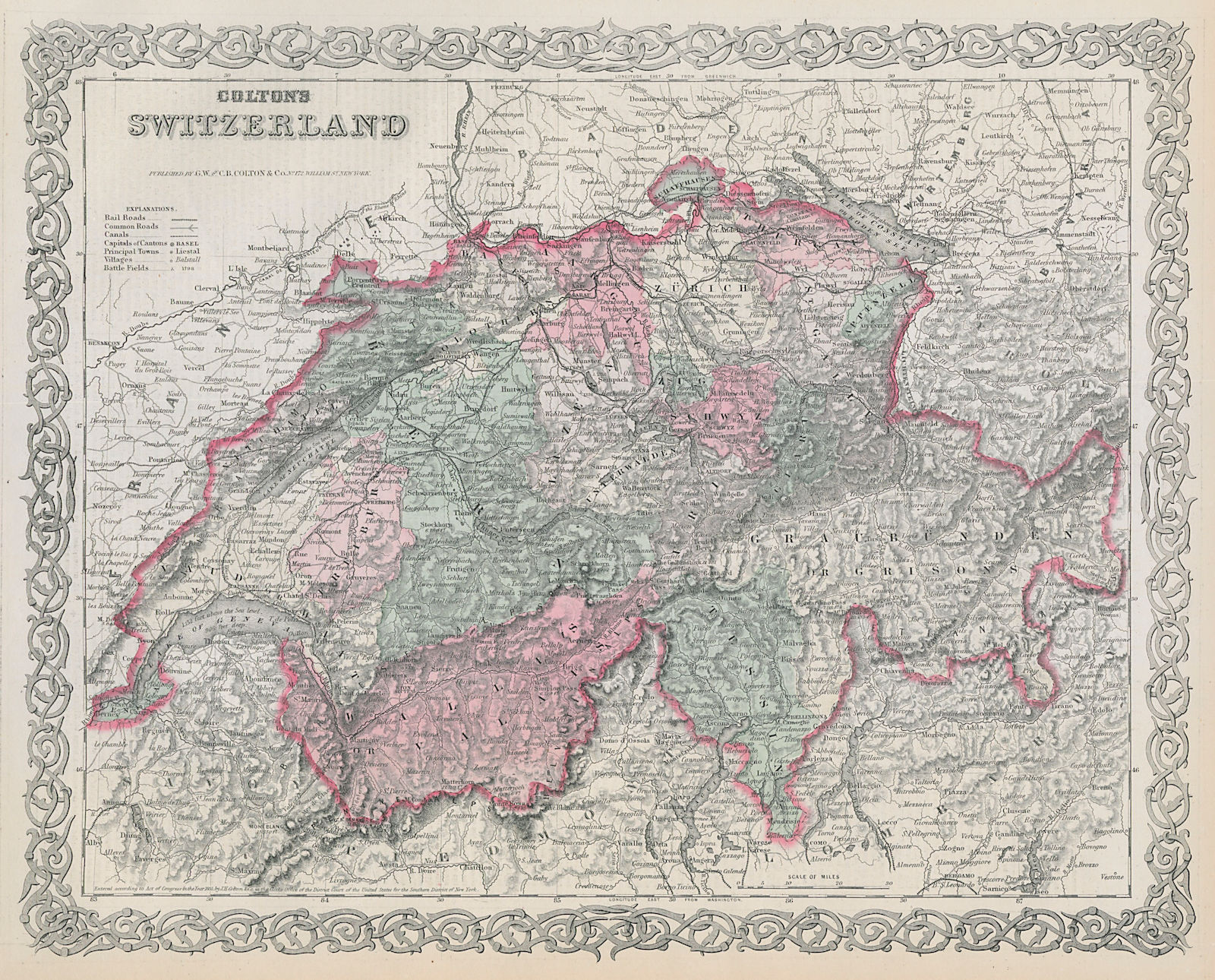 Colton's Switzerland in Cantons. Suisse Schweiz. Decorative antique map 1869