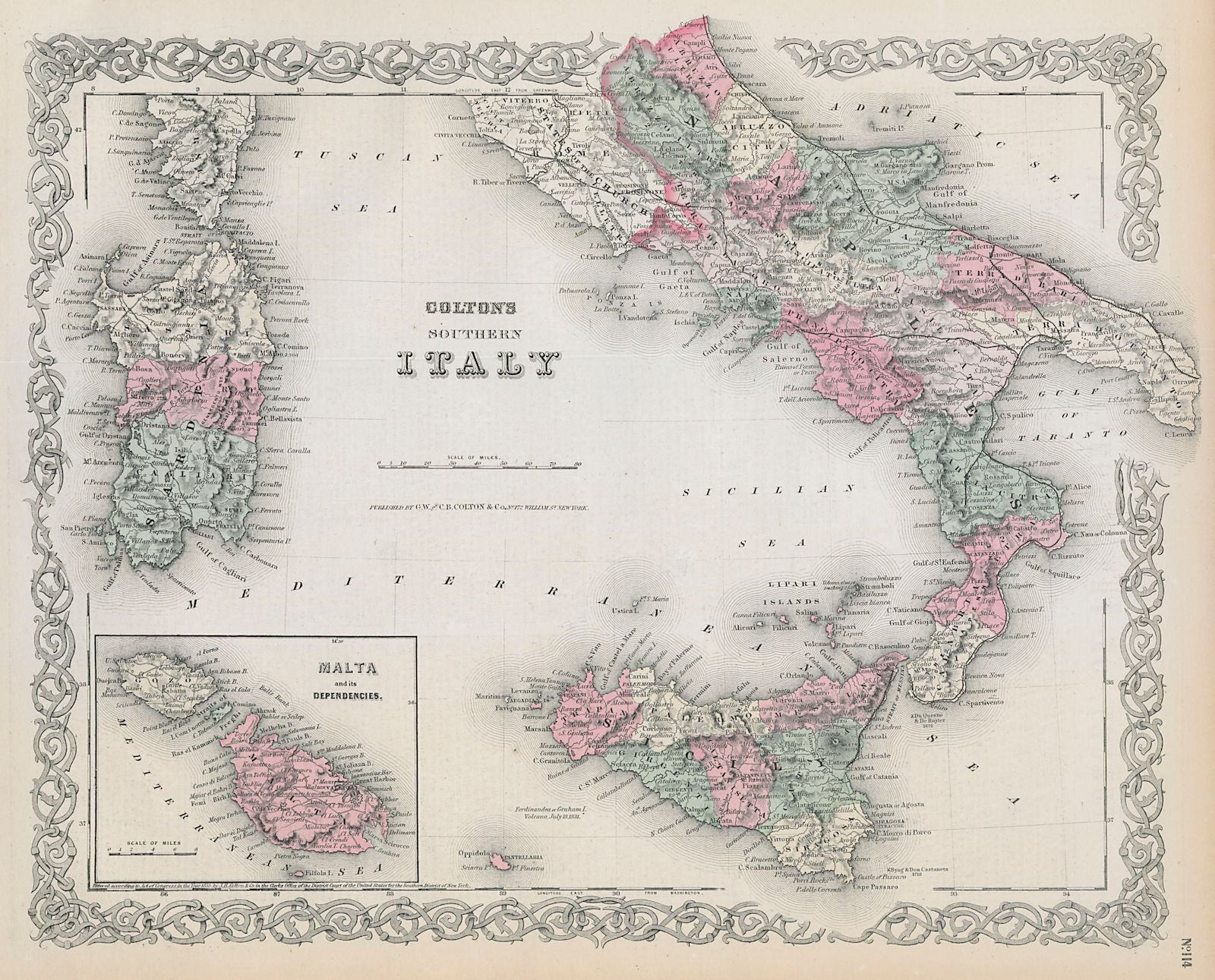 Colton's Southern Italy. Malta Sardinia Sicily Naples Calabria Puglia 1869 map
