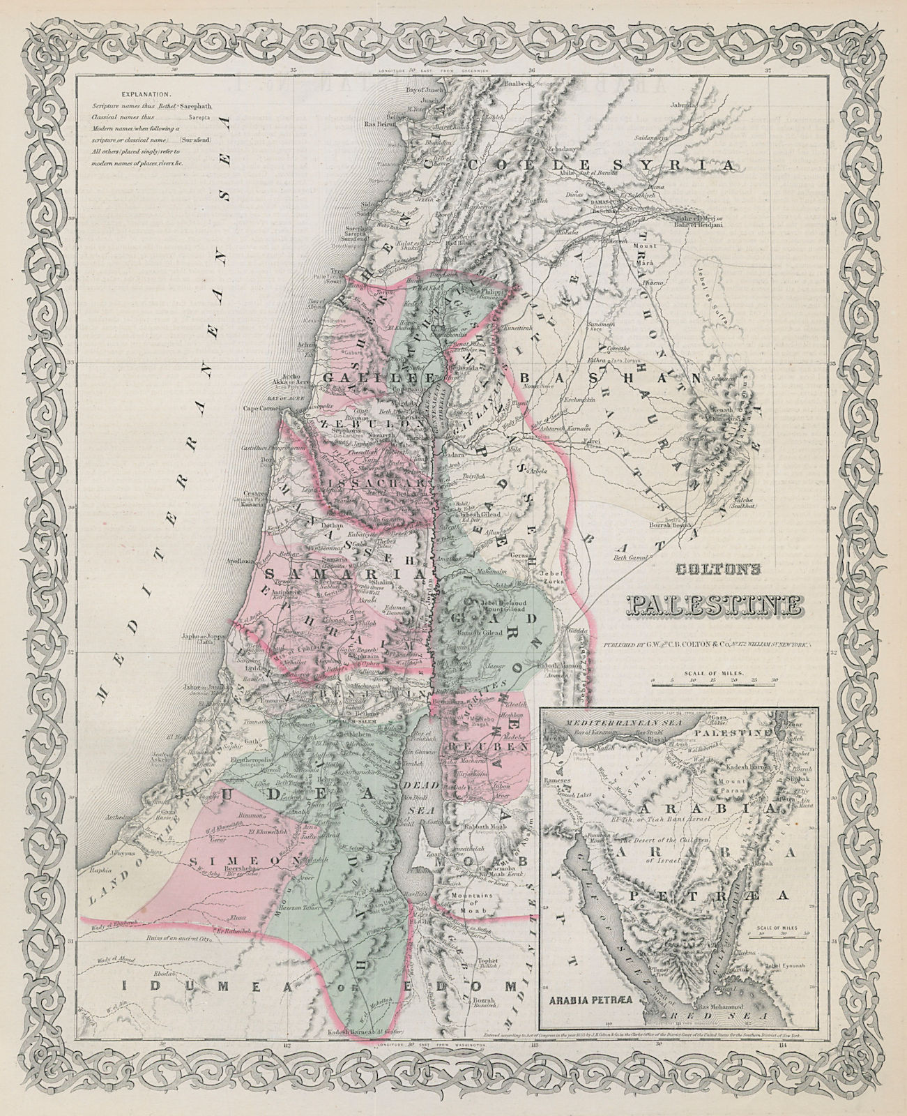 Colton's Palestine. Israel. Biblical classical & modern names. Sinai 1869 map
