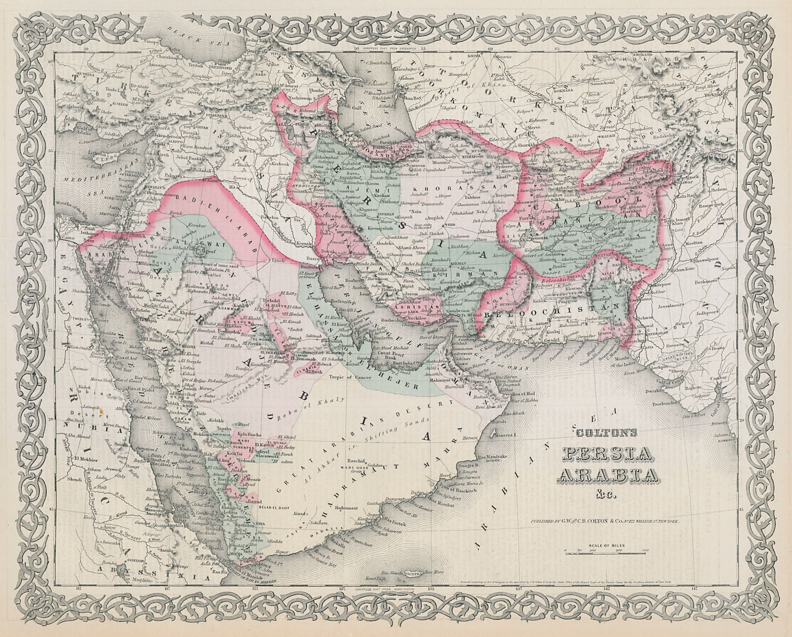 Colton's Persia, Arabia. Abothubbee (Abu Dhabi). Sharjah's Tower 1869 old map