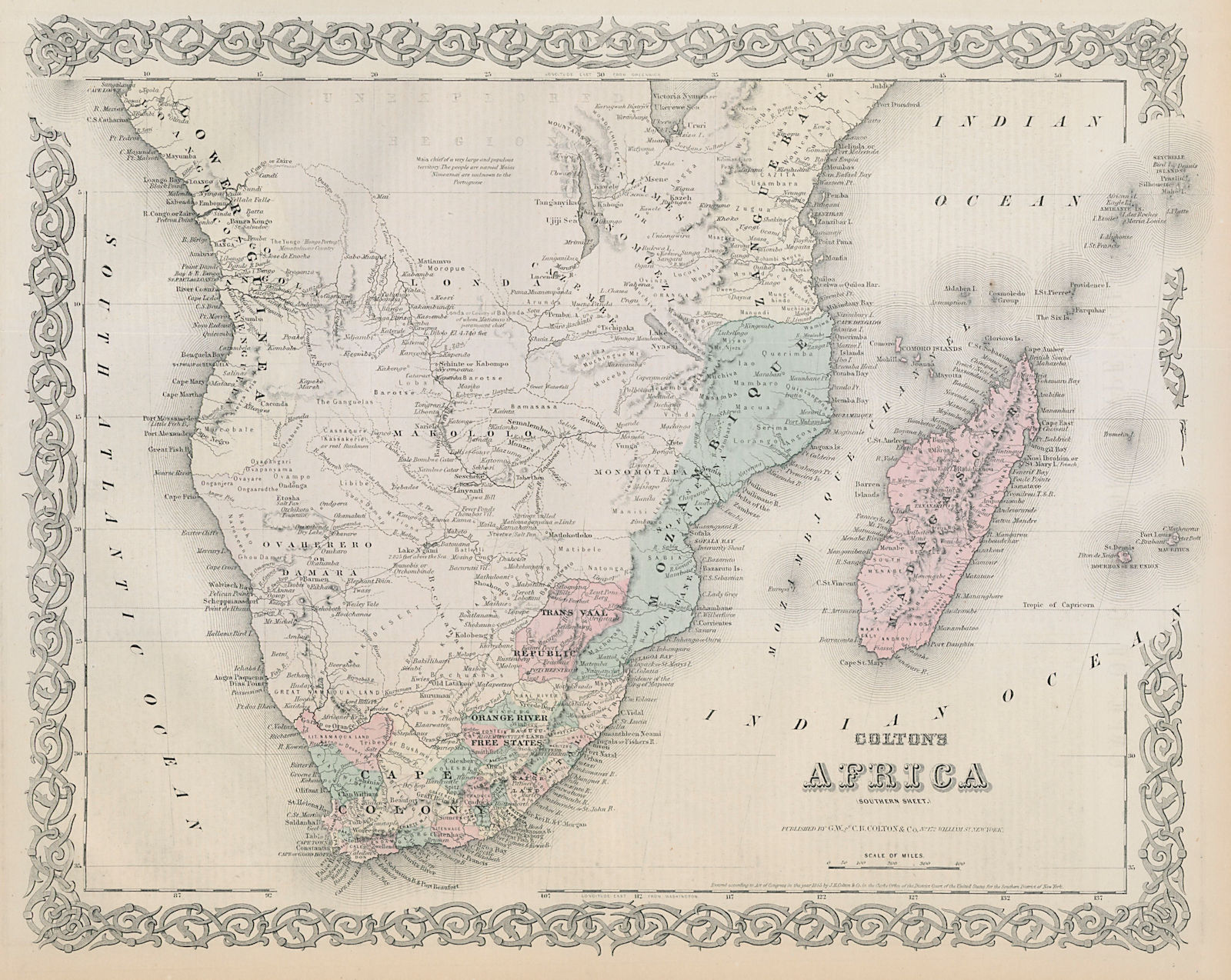 Southern Africa. Cape Colony. Mountains of the Moon. COLTON 1869 old map