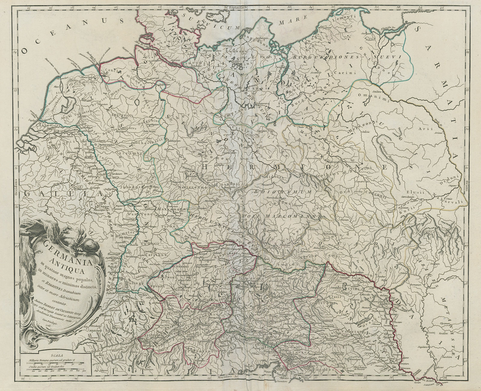 "Germania Antiqua in quatuor magnos populos…" Ancient Germany. VAUGONDY 1756 map