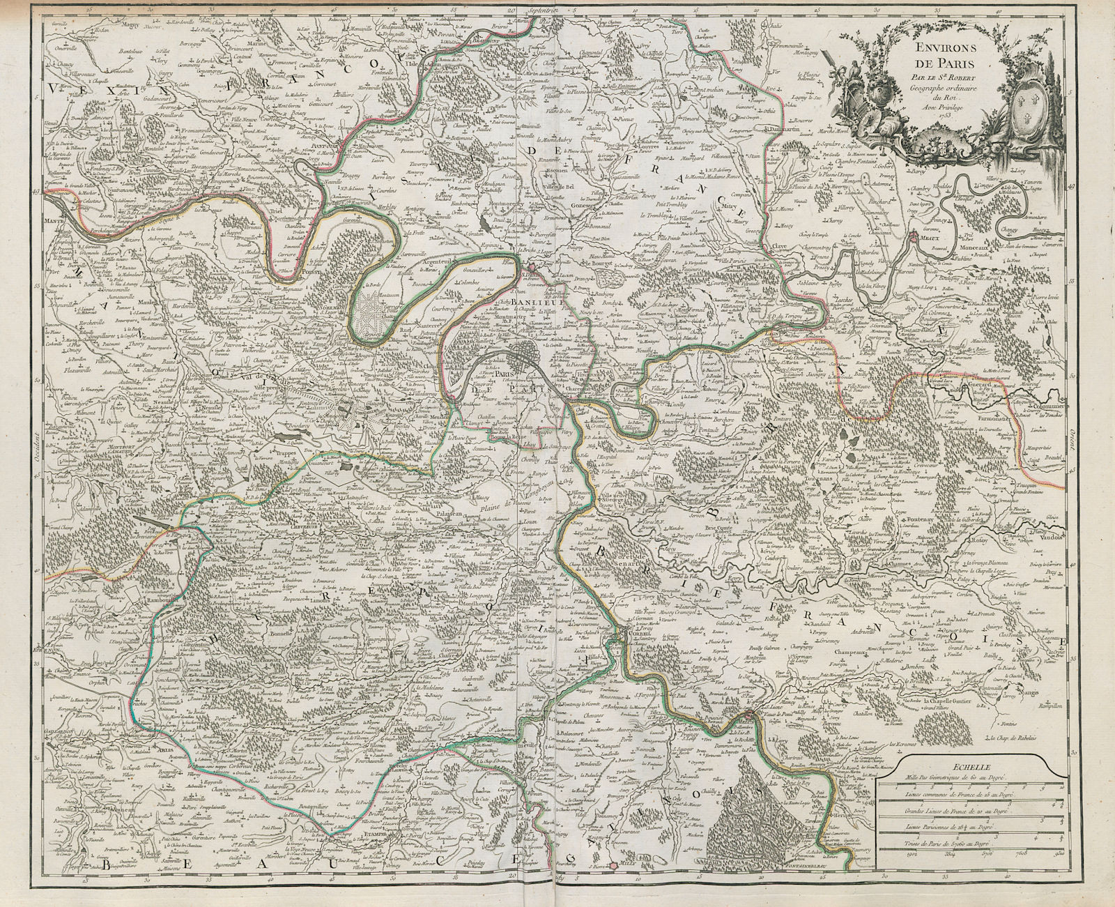 "Environs de Paris" by ROBERT DE VAUGONDY 1753 old antique map plan chart