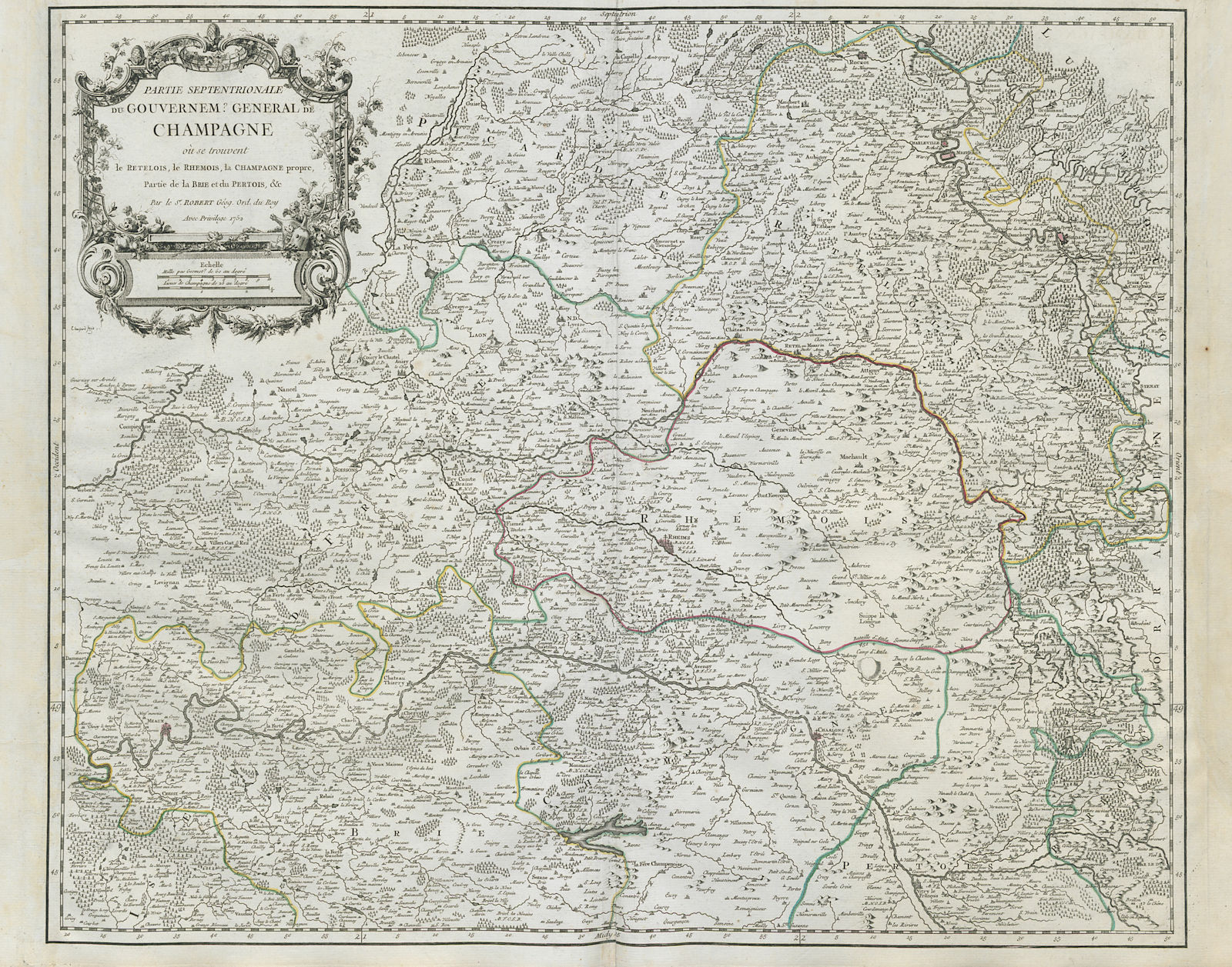 "Partie Septentrionale du Gouvernem. General de Champagne". VAUGONDY 1752 map