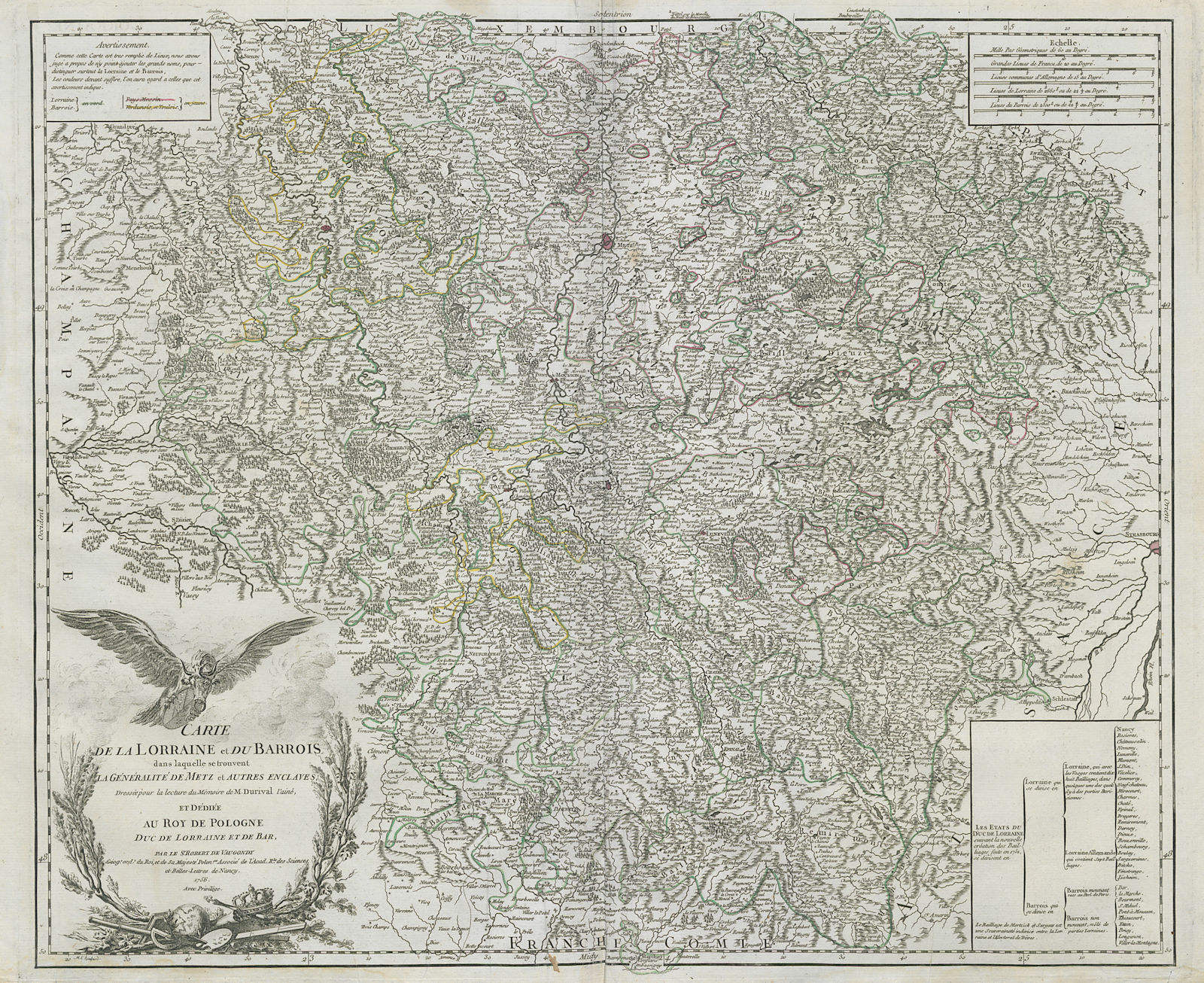 "Carte de la Lorraine et du Barrois…" Northeast France. VAUGONDY 1756 old map