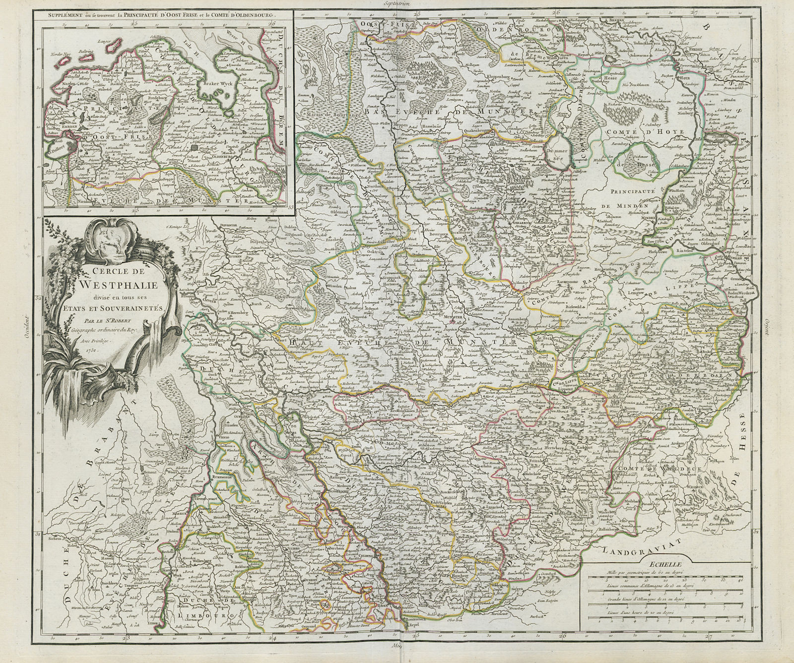 "Cercle de Westphalie divisé…" Westphalia. NW Germany. VAUGONDY 1751 old map
