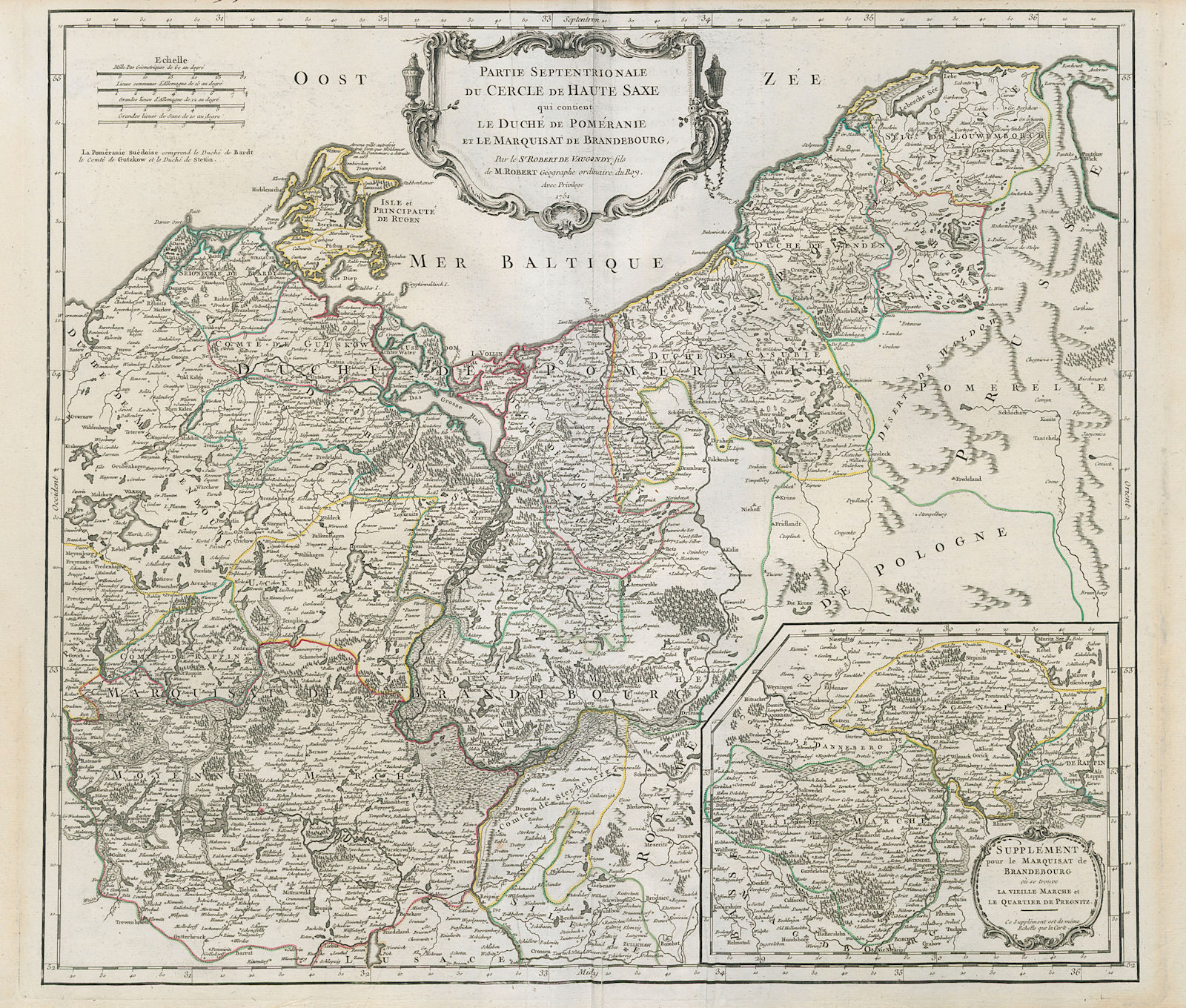 "Partie Septentrionale du Cercle de Haute Saxe". Pomerania. VAUGONDY 1751 map