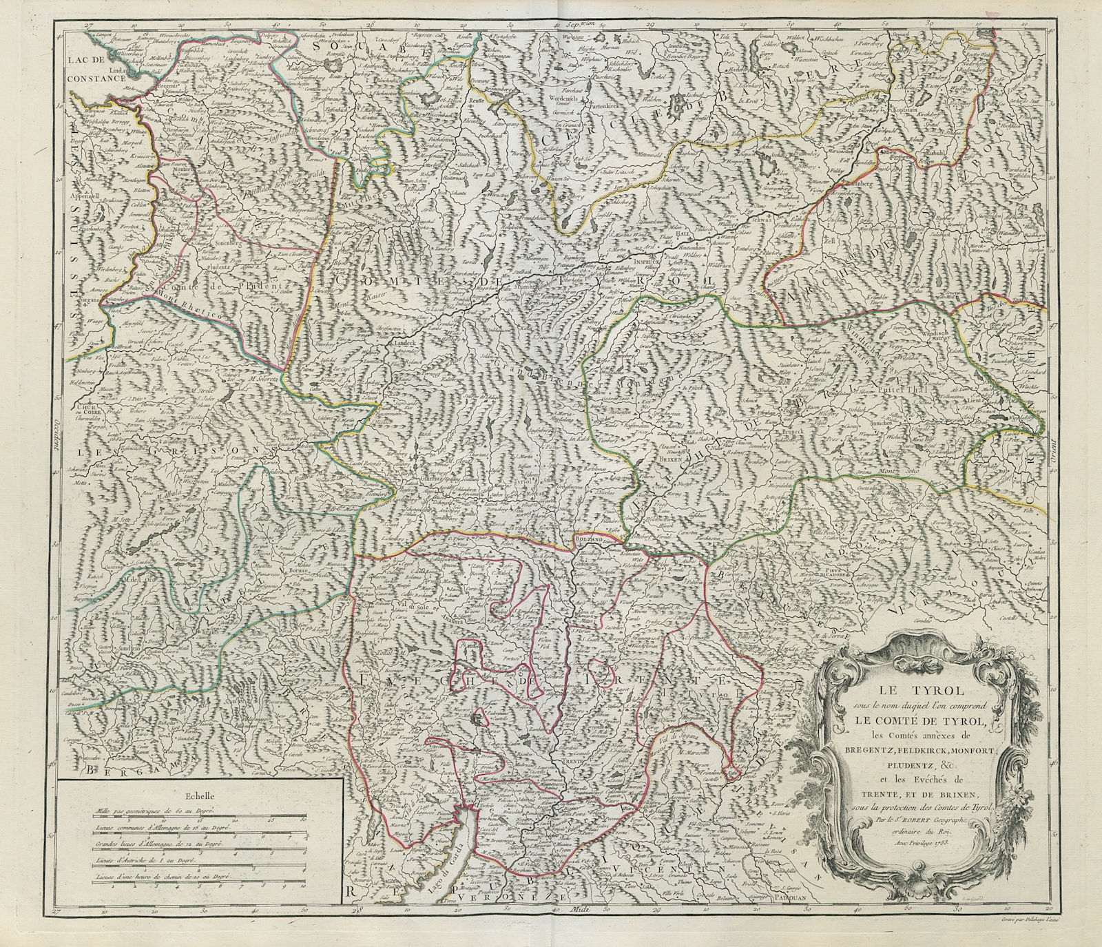 "Le Tyrol sous le nom duq'uel…" Tirol & Trentino/South Tyrol. VAUGONDY 1753 map