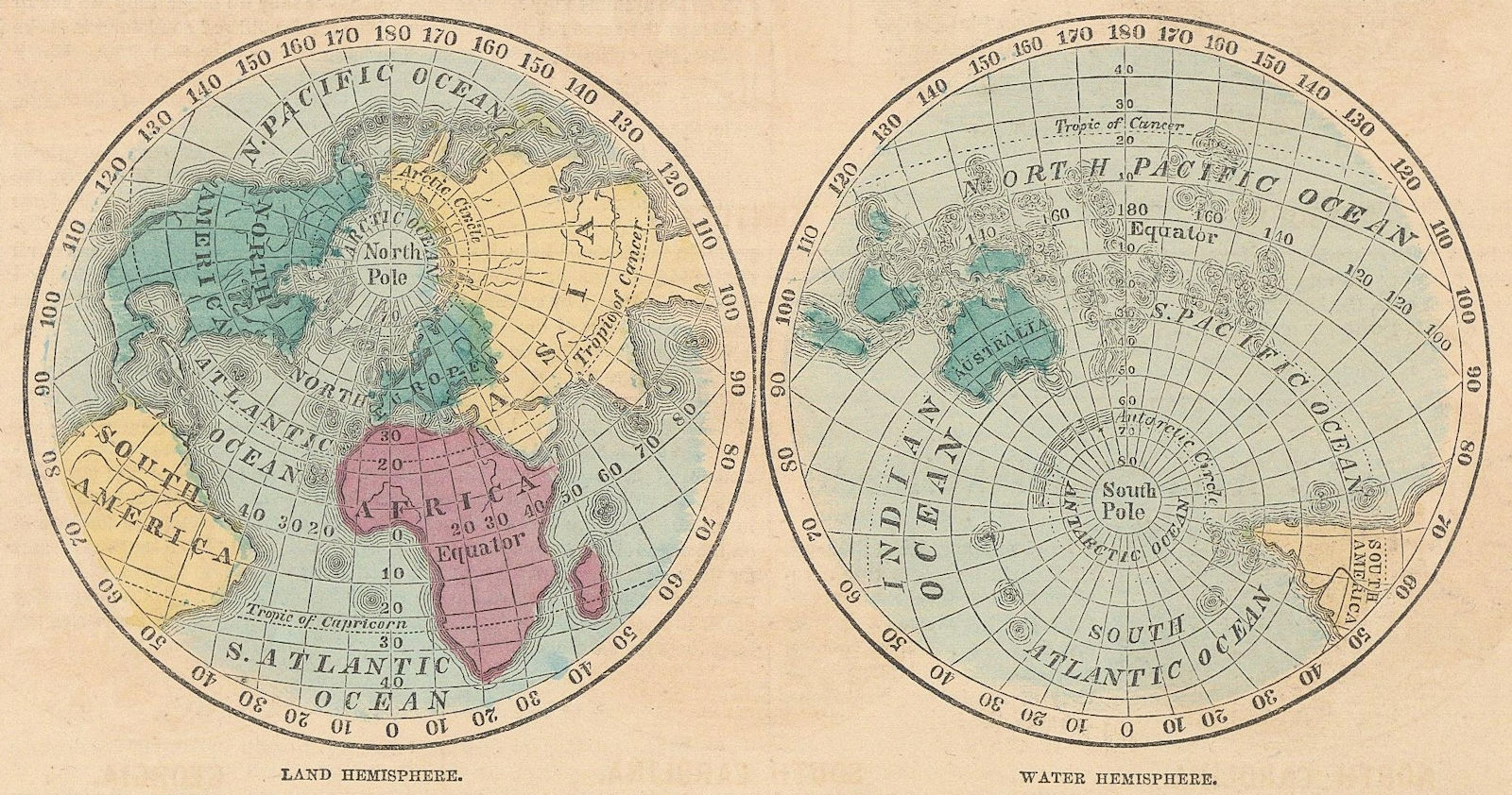World. Land & Water Hemispheres. JOHNSON 1865 old antique map plan chart
