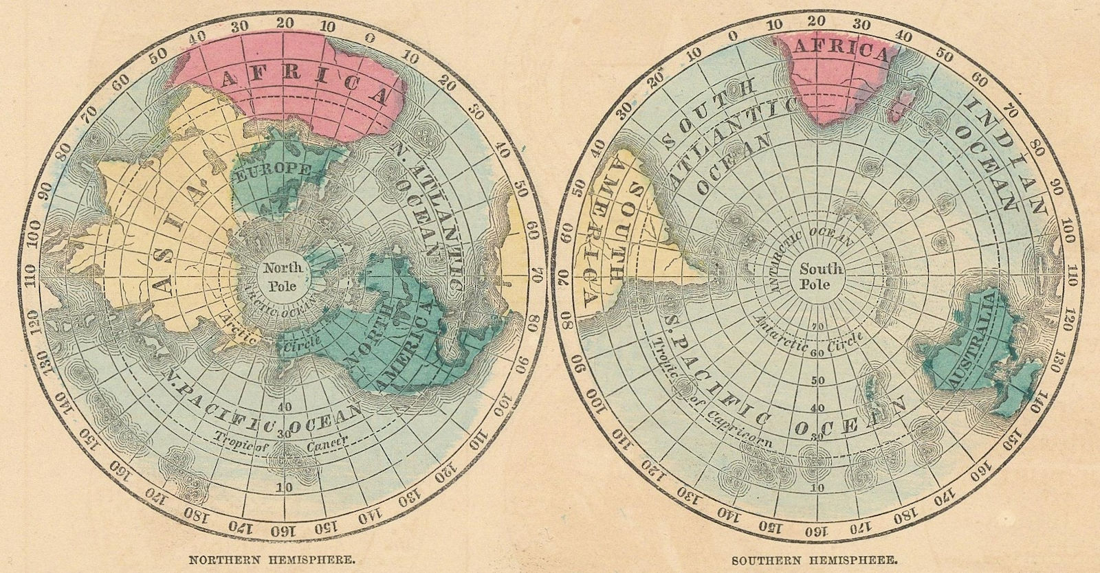 World. Northern Hemisphere & Southern Hemispheres. JOHNSON 1865 old map