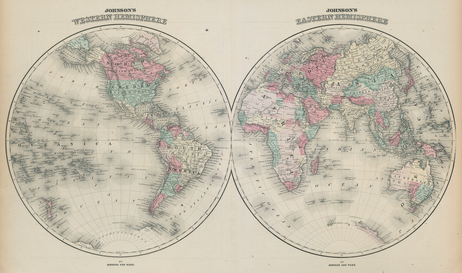 Johnson's Western & Eastern Hemispheres. World 1865 old antique map plan chart