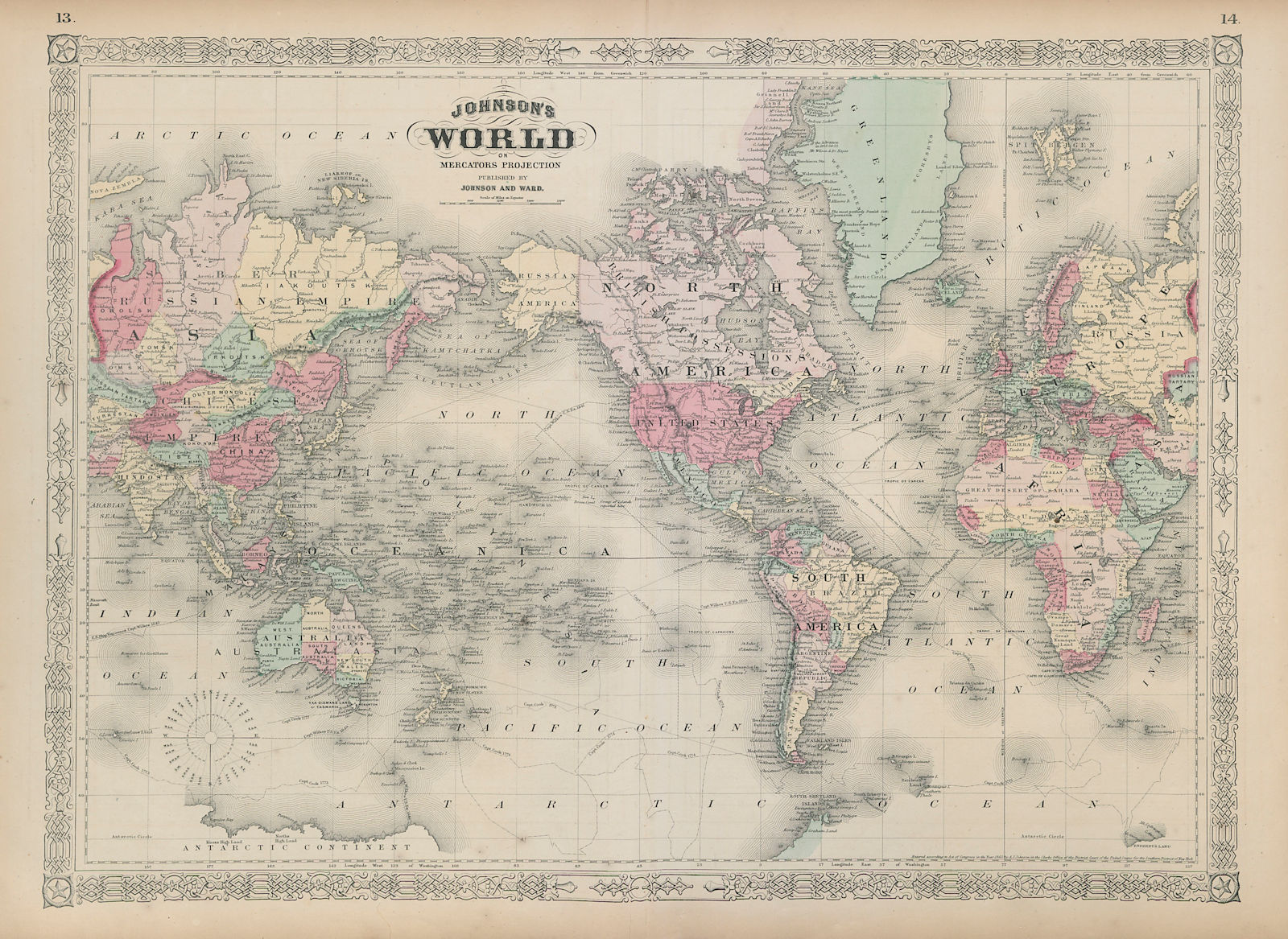 Johnson's World on Mercator's Projection. Americas-centric 1865 old map