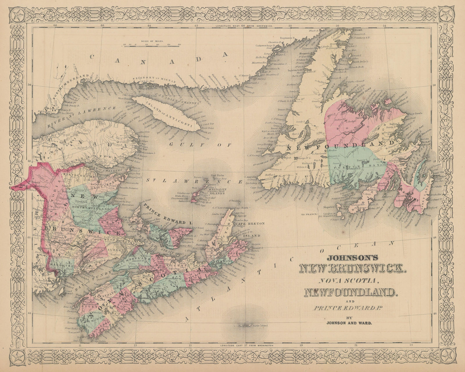 Associate Product Johnson's New Brunswick, Nova Scotia, Newfoundland & Prince Edward Id. 1865 map