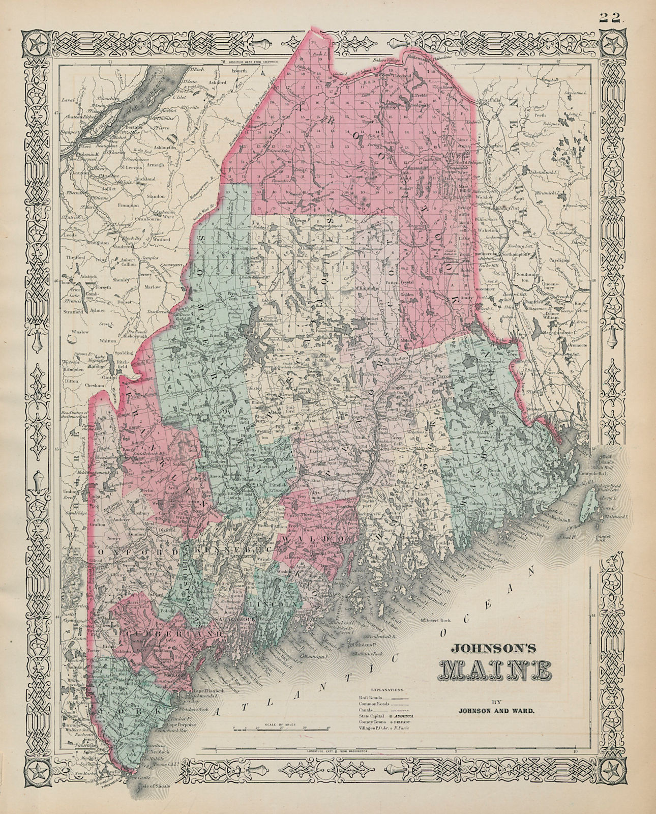 Johnson's Maine. US State map showing counties 1865 old antique plan chart