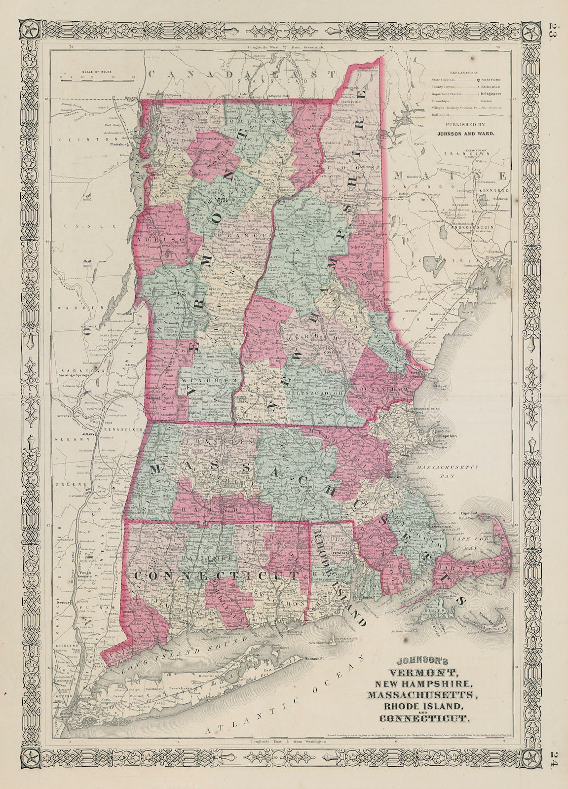 Associate Product Johnson's Vermont New Hampshire Massachusetts Rhode Island Connecticut 1865 map