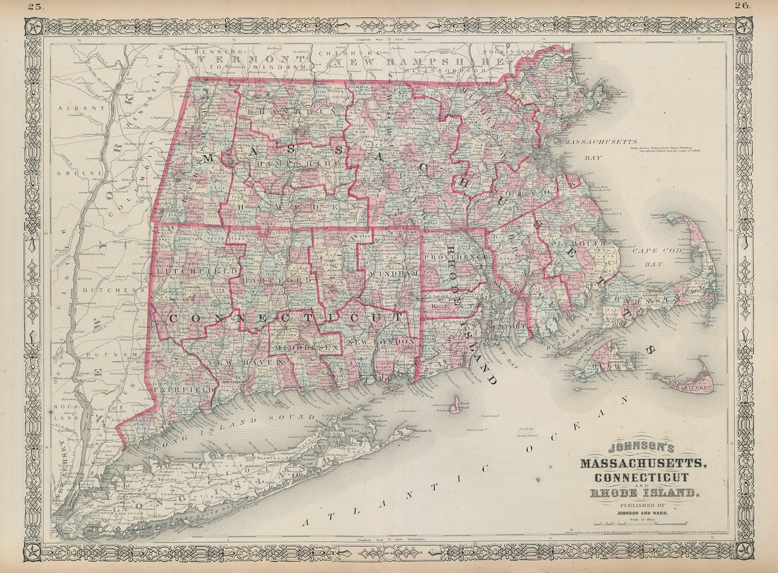 Associate Product Johnson's Massachusetts, Connecticut & Rhode Island 1865 old antique map chart