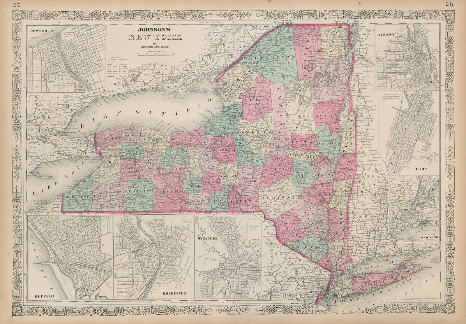 Johnson's New York state map. Albany Troy Rochester Buffalo Syracuse 1865