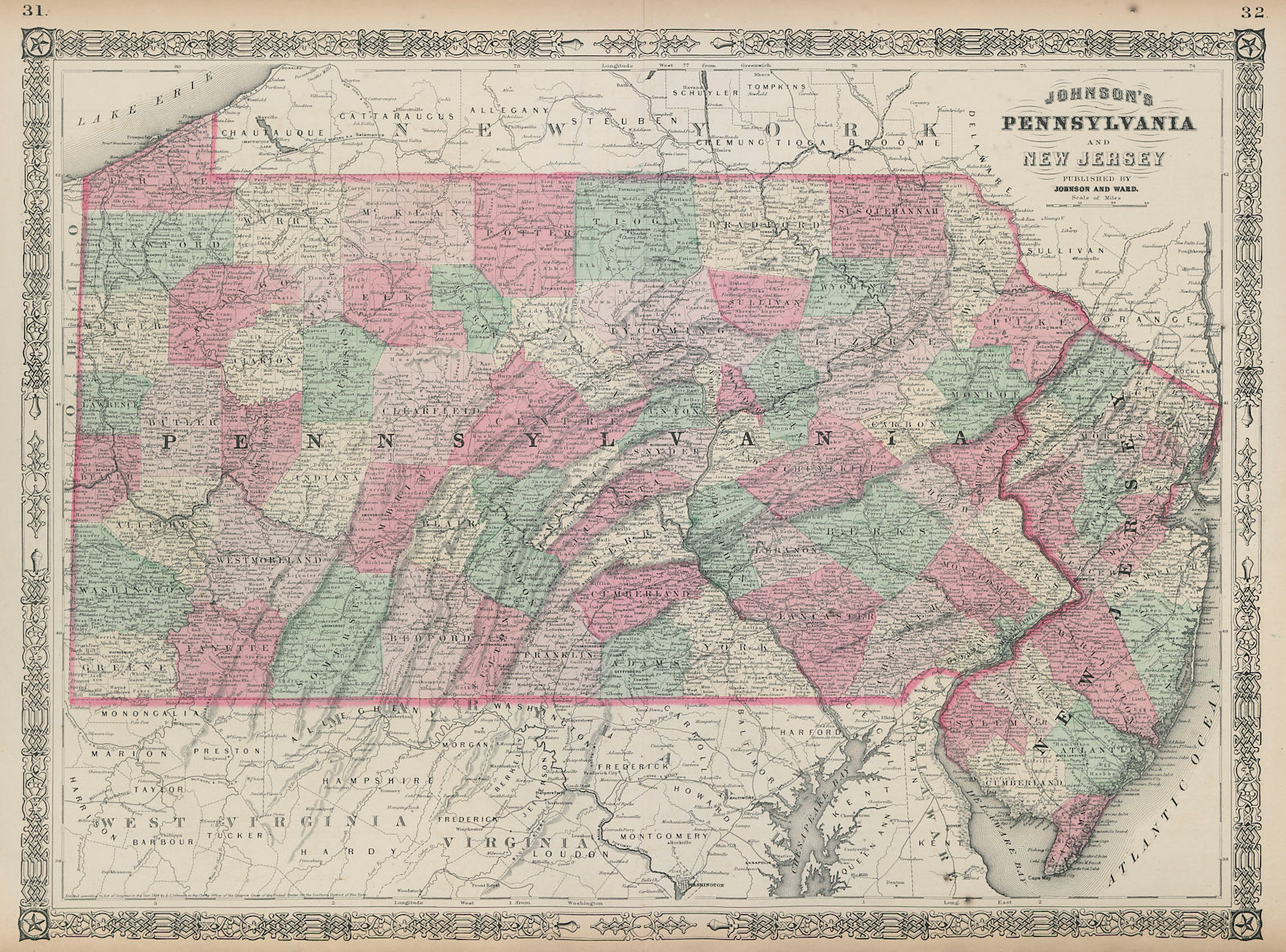Associate Product Johnson's Pennsylvania and New Jersey. US state map showing counties 1865