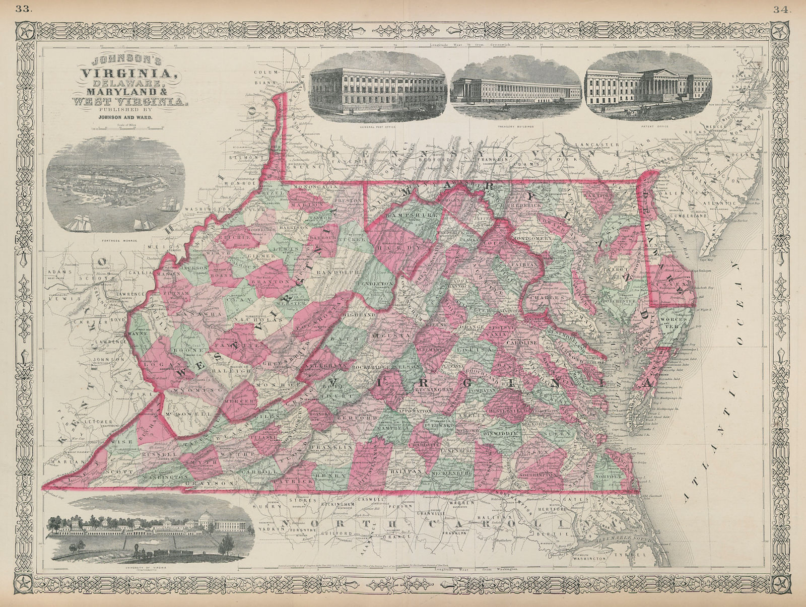 Johnson's Virginia, Delaware, Maryland & West Virginia. Counties 1865 old map