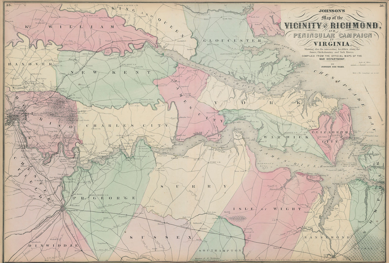 Associate Product Vicinity of Richmond & Peninsular Campaign in Virginia. JOHNSON 1865 old map