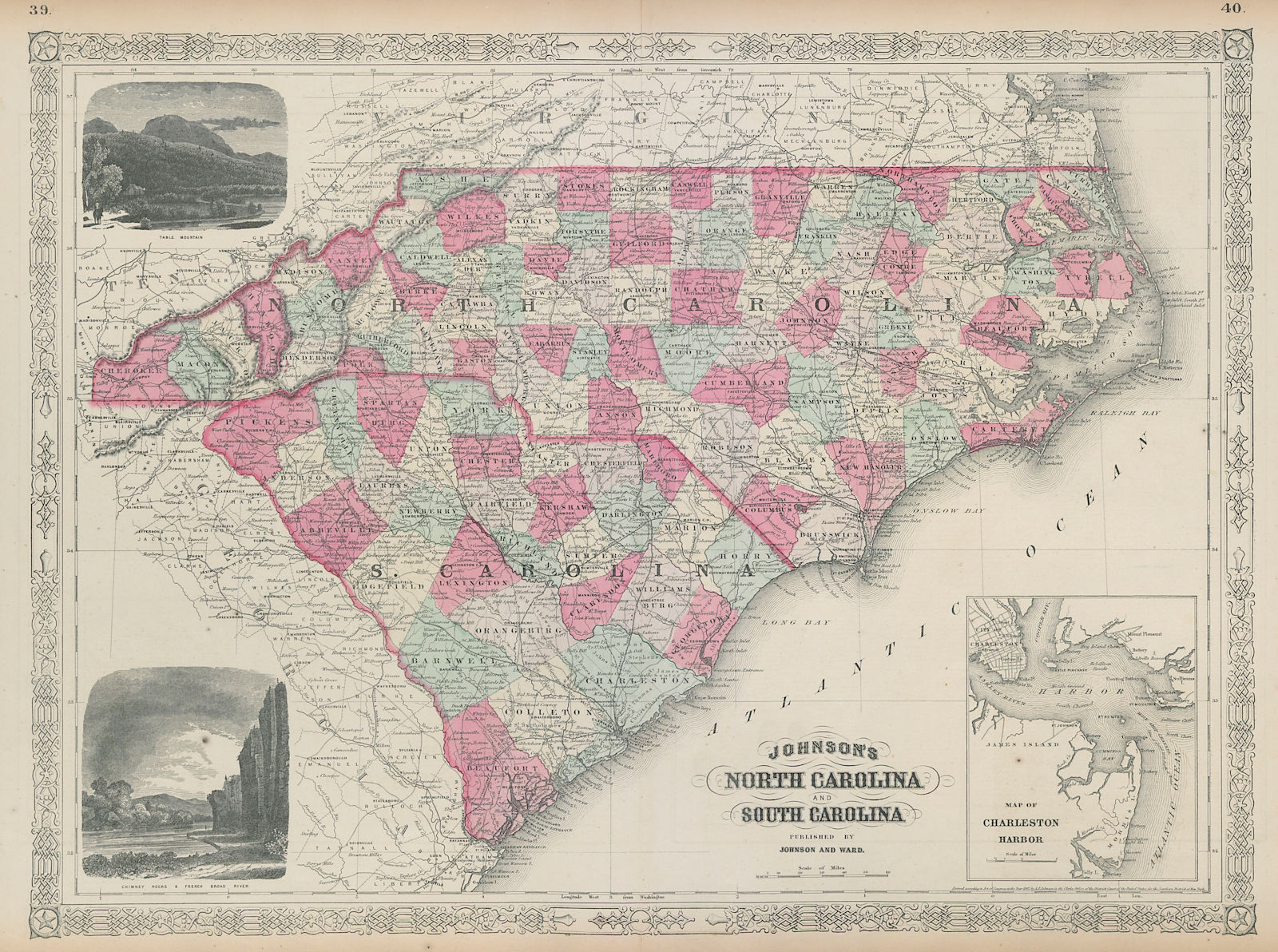 Johnson's North & South Carolina showing counties. Charleston 1865 old map