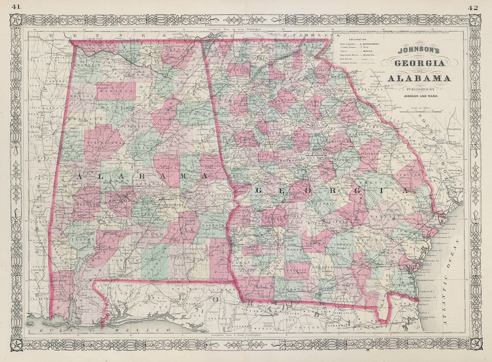 Johnson's Georgia & Alabama. US state map showing counties 1865 old