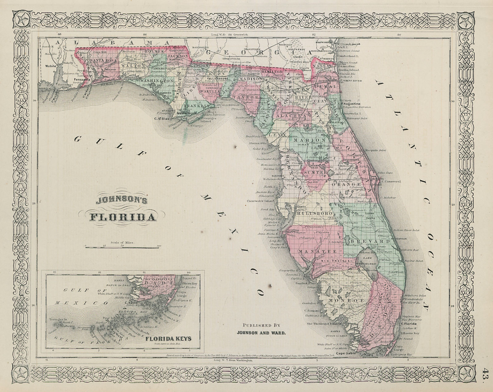 Johnson's Florida. Florida Keys. US state map showing counties 1865 old