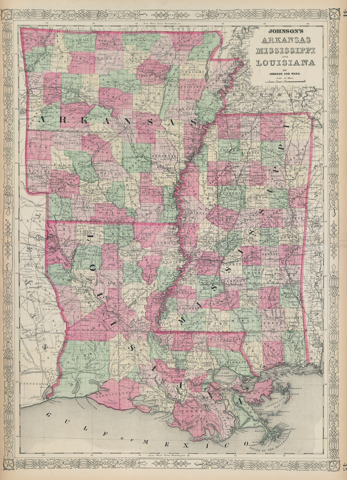 Johnson's Arkansas, Mississippi & Louisiana showing counties/parishes 1865 map