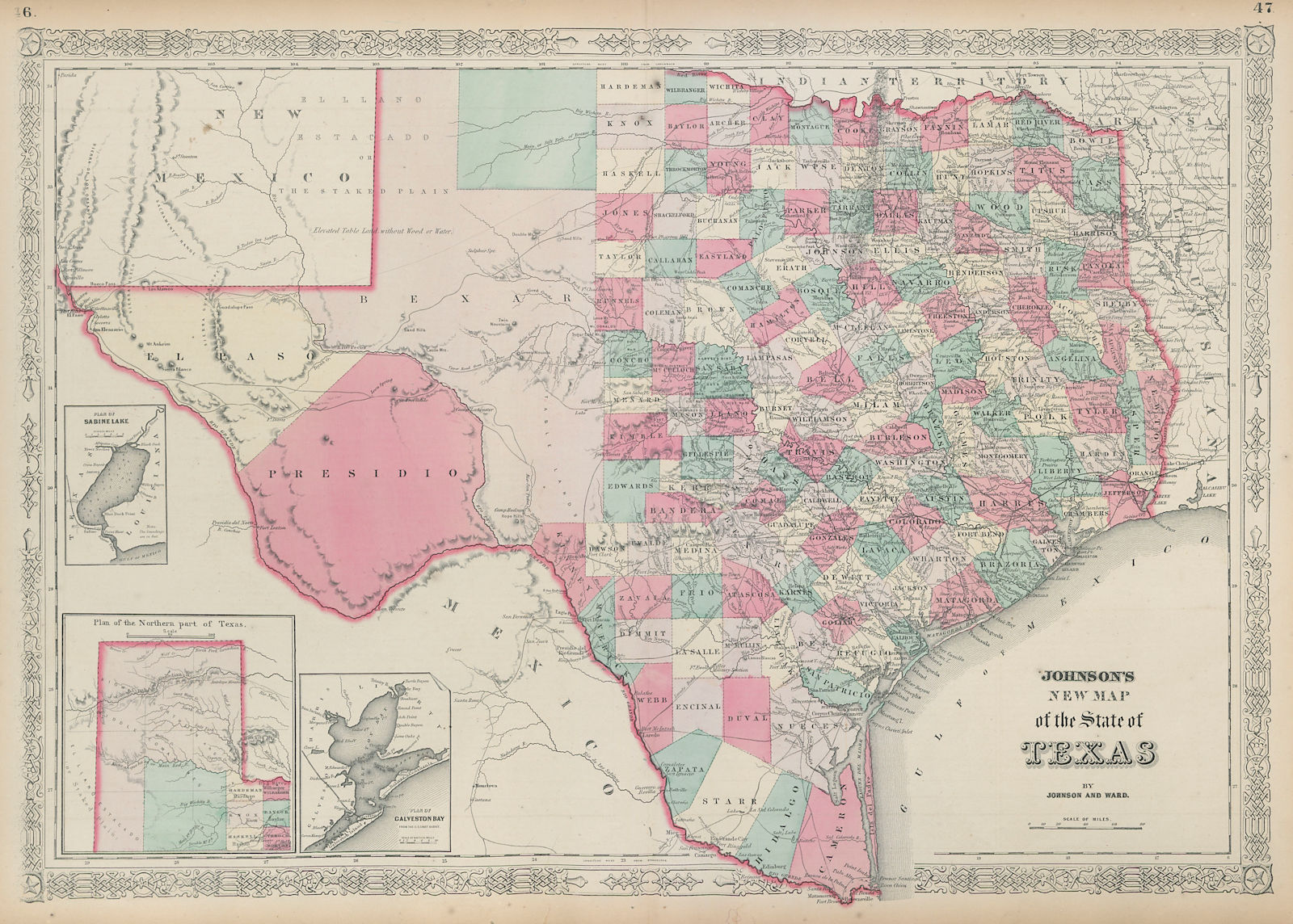 Johnson's New map of the State of Texas. US state map showing counties 1865