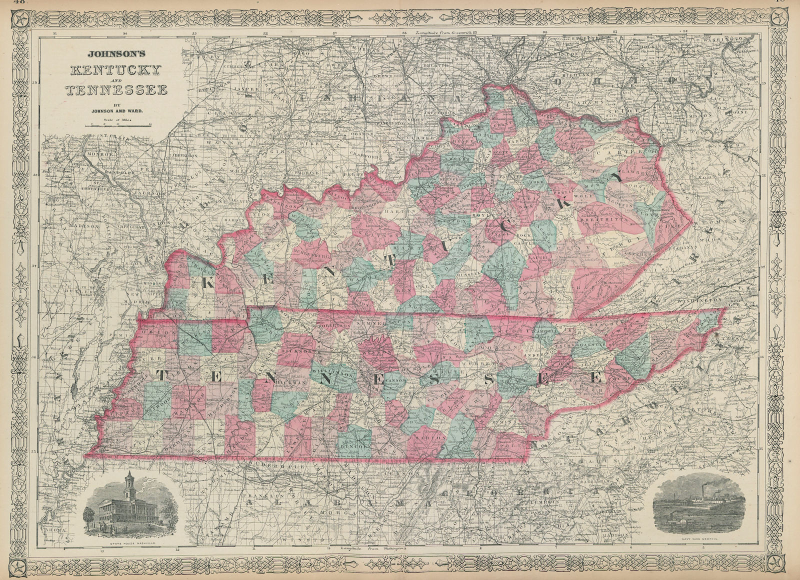 Johnson's Kentucky and Tennessee. US state map showing counties 1865 old