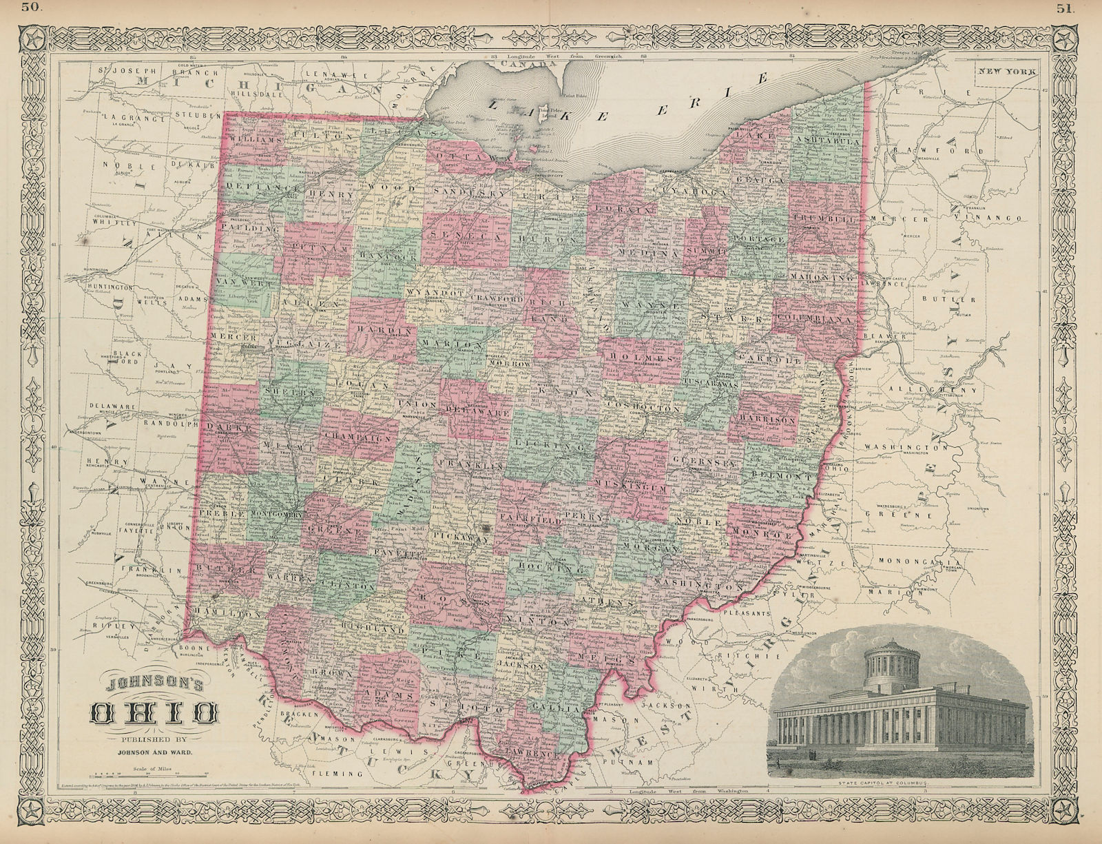 Johnson's Ohio. US state map showing counties 1865 old antique plan chart