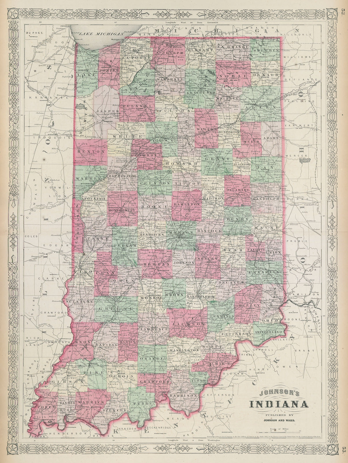 Johnson's Indiana. US state map showing counties 1865 old antique chart