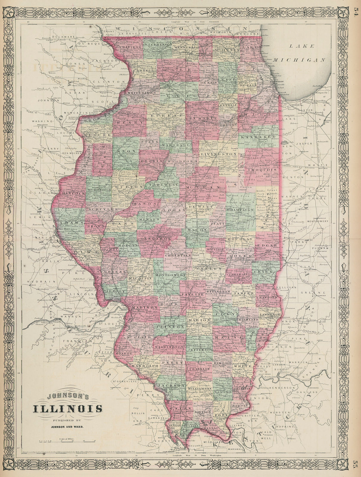 Johnson's Illinois. US state map showing counties 1865 old antique chart