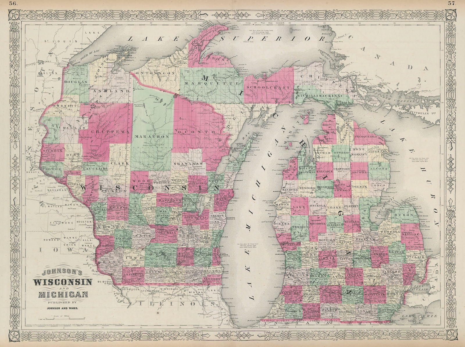 Johnson's Wisconsin & Michigan. State map showing counties. Great Lakes 1865
