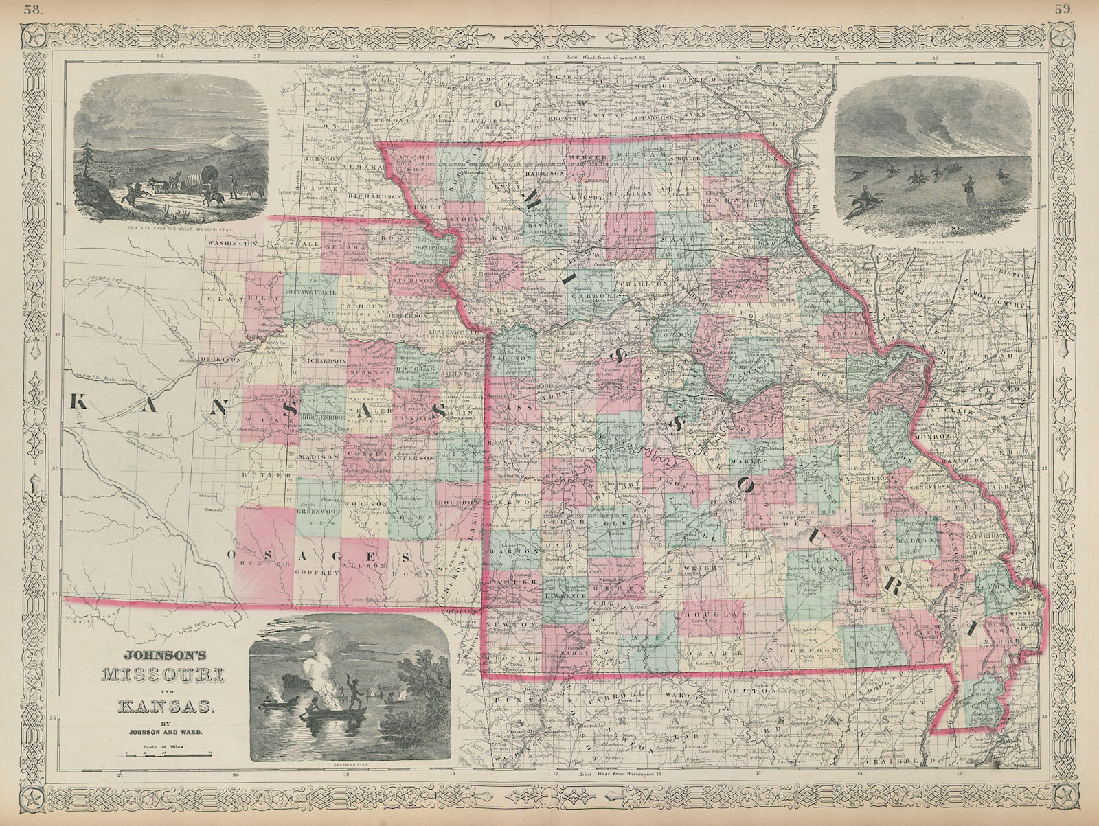 Johnson's Missouri & Kansas. US state map showing counties 1865 old