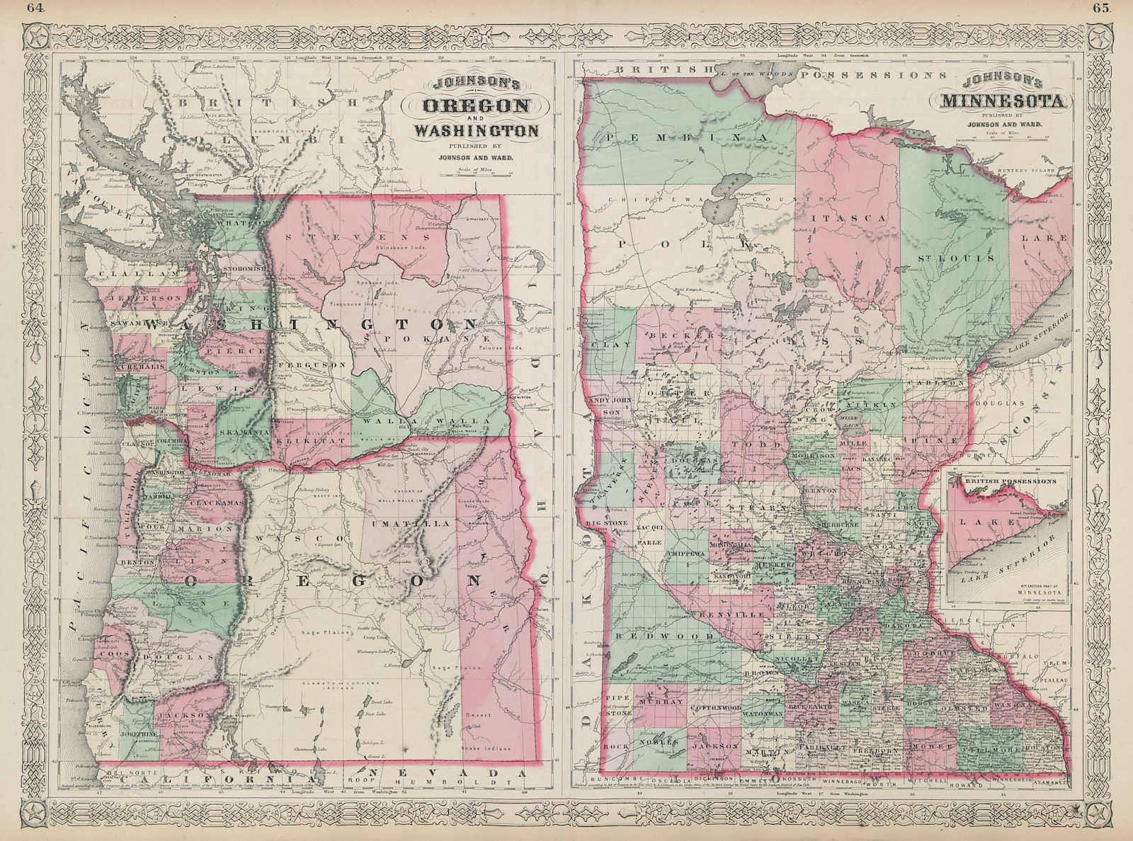 Johnson's Oregon, Washington & Minnesota. US state map showing counties 1865