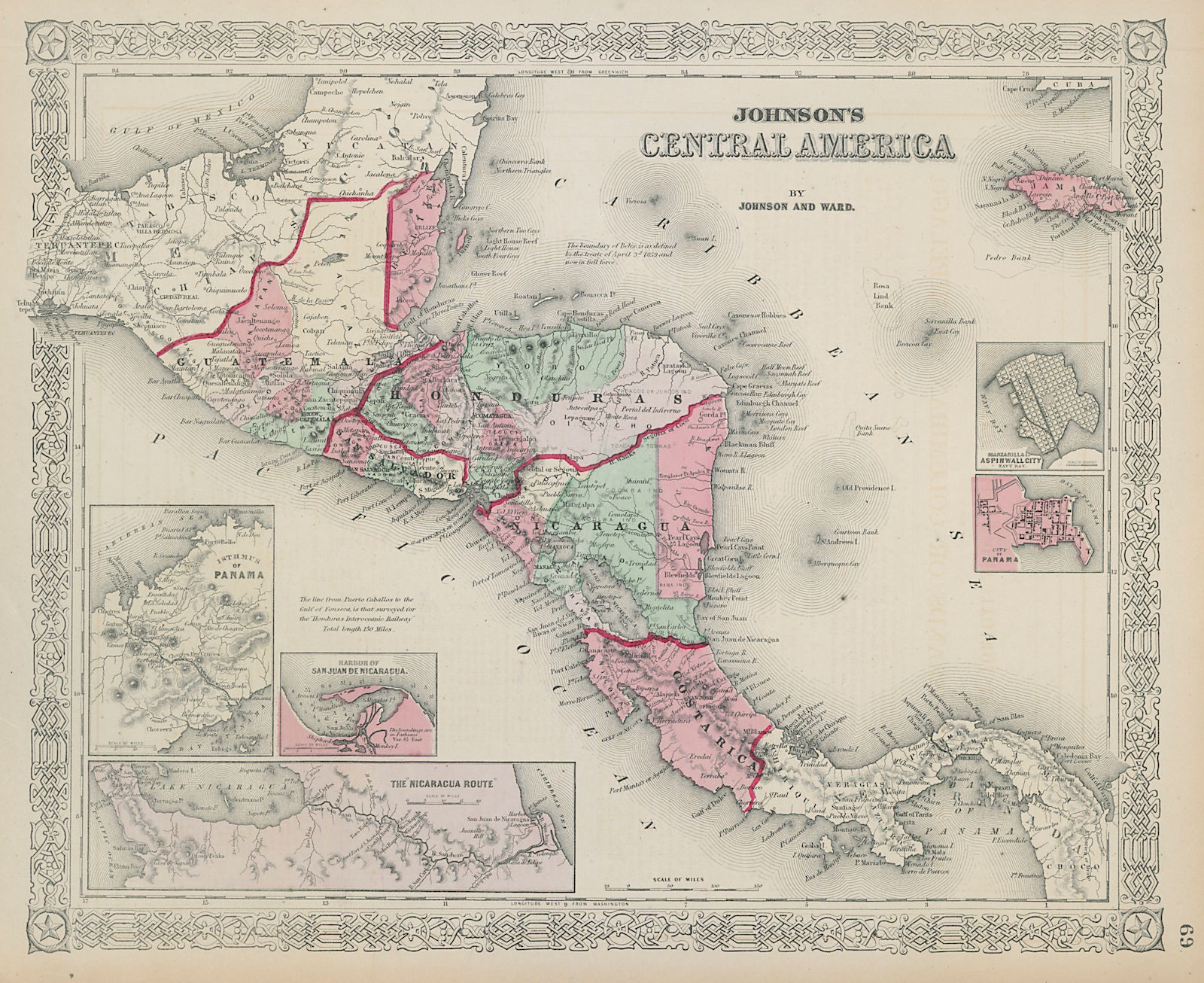 Johnson's Central America. Guatemala Honduras Nicaragua Costa Rica 1865 map