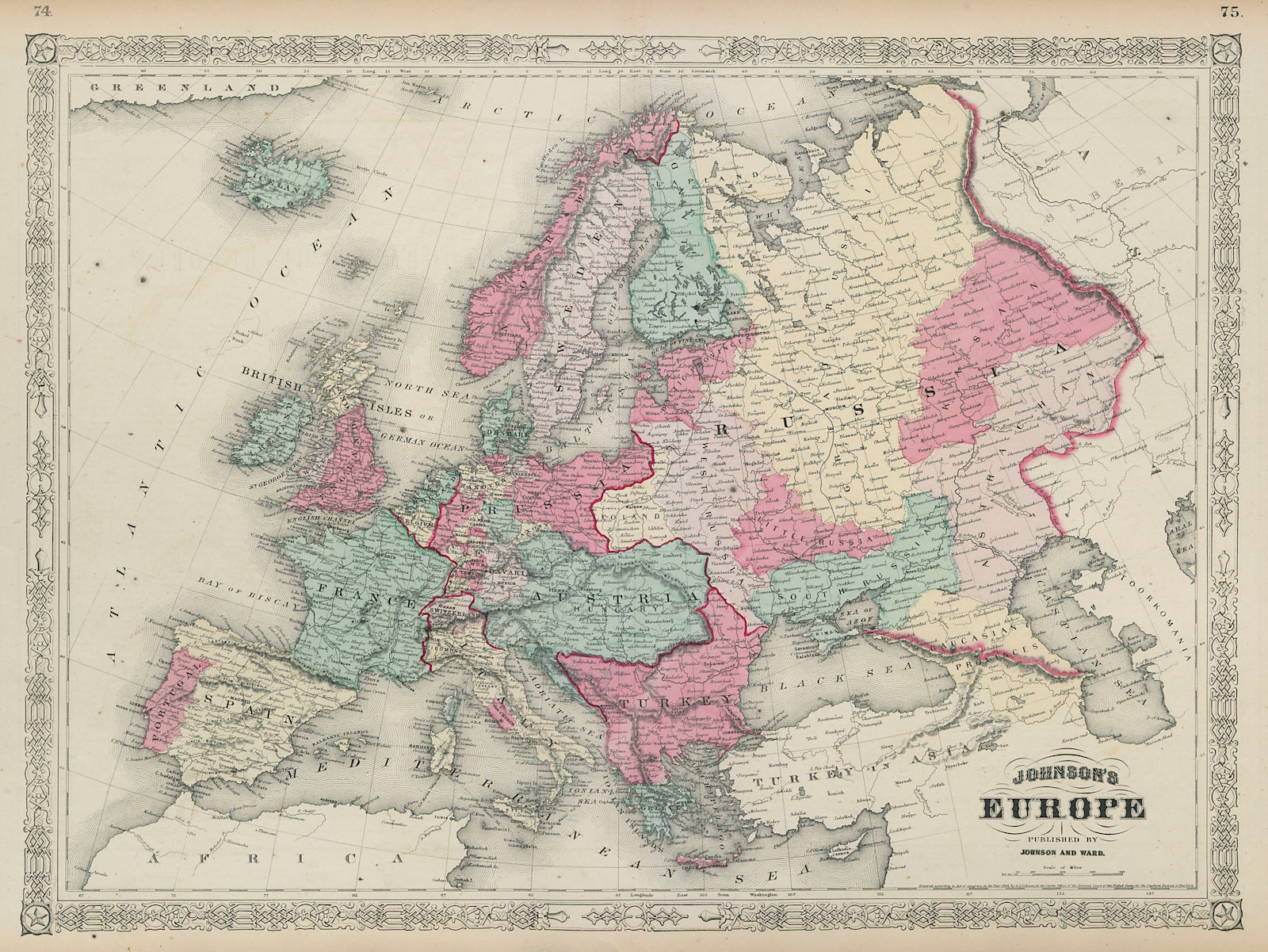 Johnson's Europe. Austria Hungary Prussia Turkey Papal States 1865 old map
