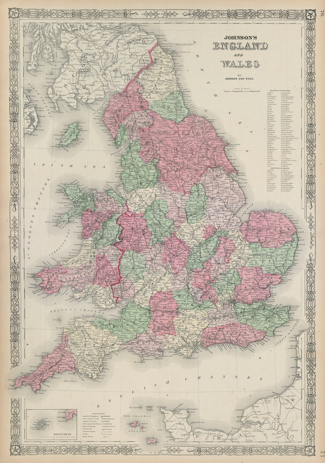 Johnson's England and Wales in counties 1865 old antique map plan chart