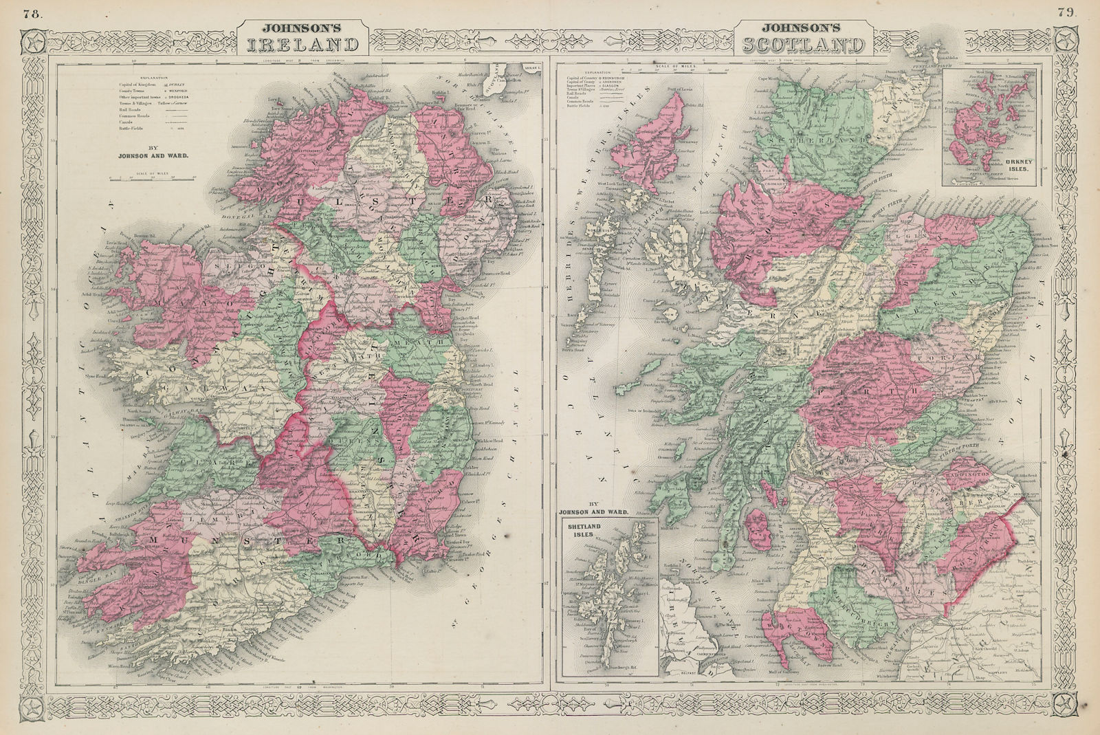 Johnson's Ireland & Johnson's Scotland showing counties 1865 old antique map