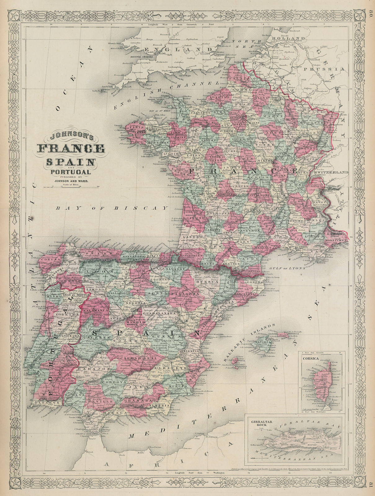 Associate Product Johnson's France, Spain and Portugal. Corsica Gibraltar Iberia 1865 old map