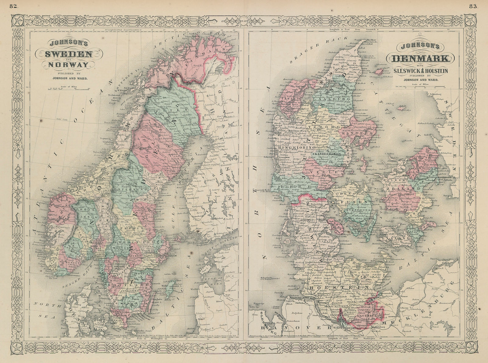 Johnson's Sweden, Norway & Denmark with Sleswick & Holstein. Schleswig 1865 map
