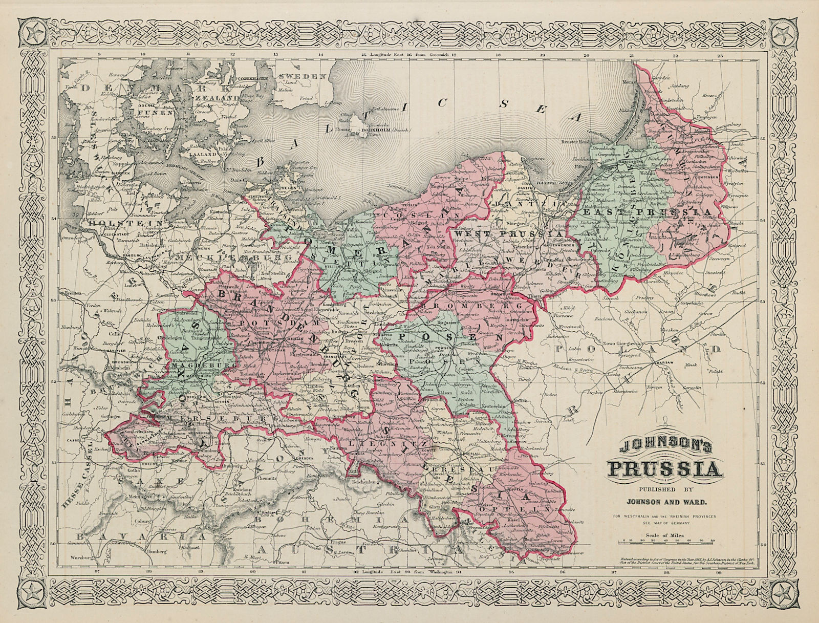Johnson's Prussia. Saxony Silesia Brandenburg Pomerania Posen Poland 1865 map