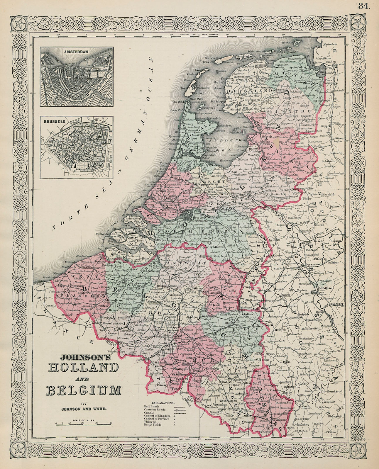 Johnson's Holland and Belgium. Benelux. Amsterdam & Brussels 1865 old map