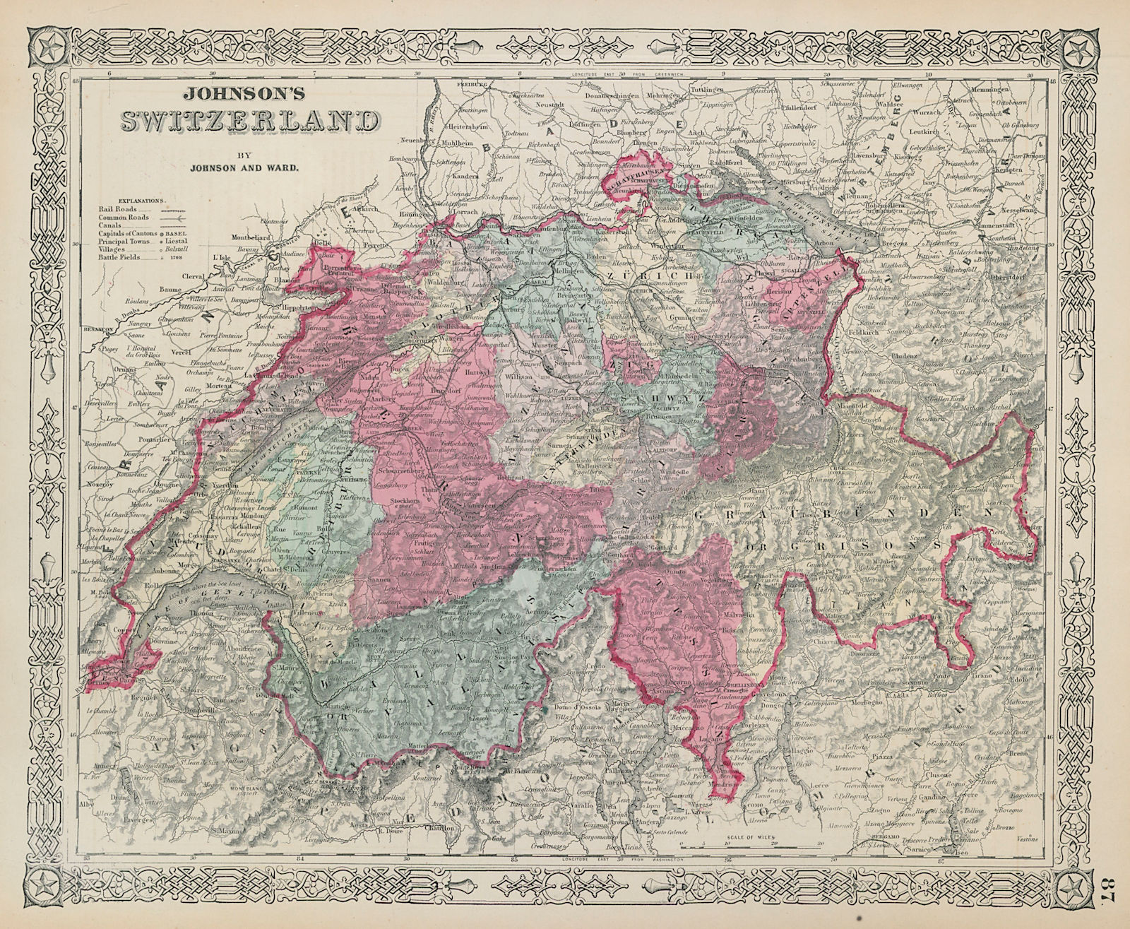 Johnson's Switzerland in cantons 1865 old antique vintage map plan chart