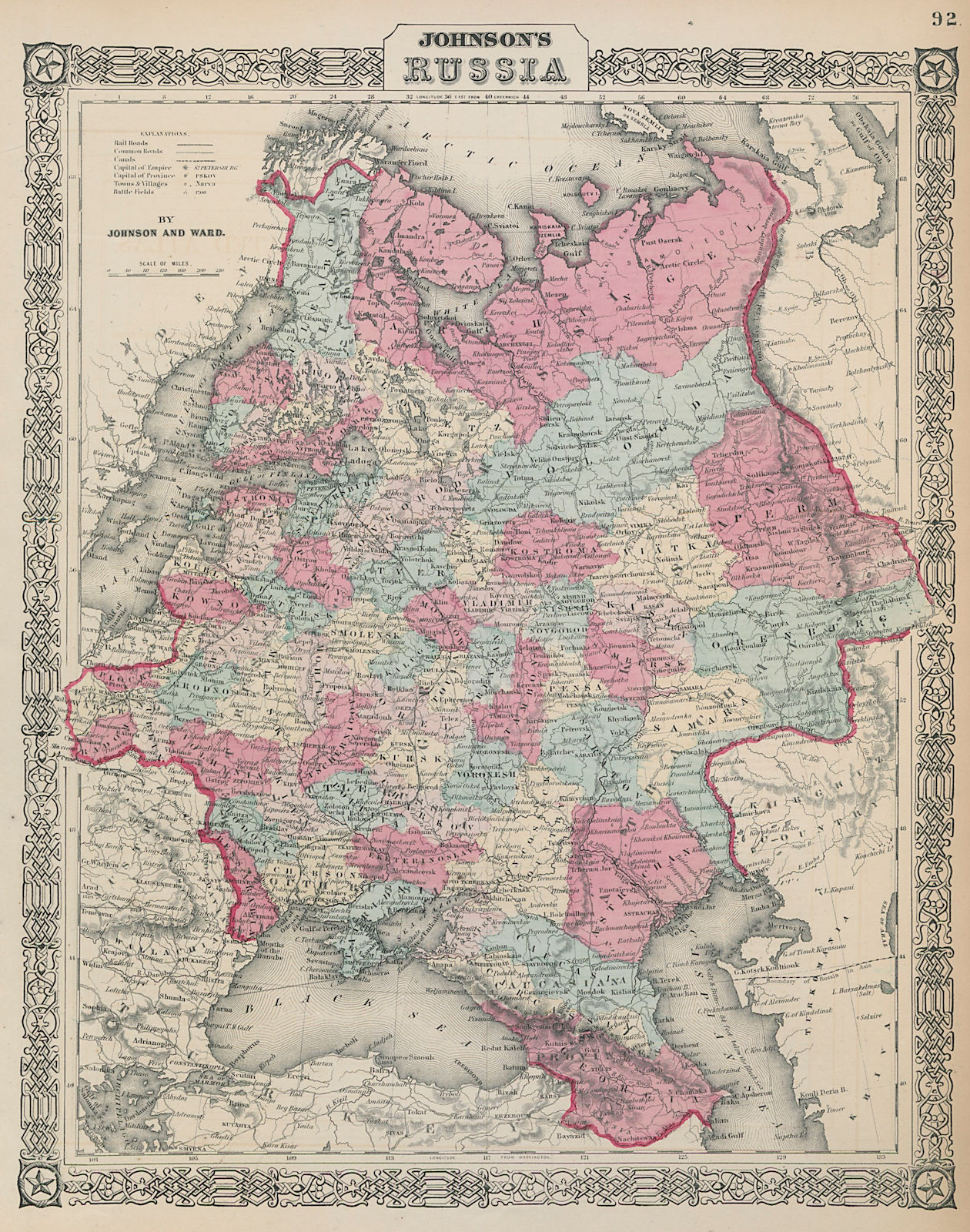 Johnson's Russia in Europe. Ukraine Poland Baltics Finland Caucasus 1865 map