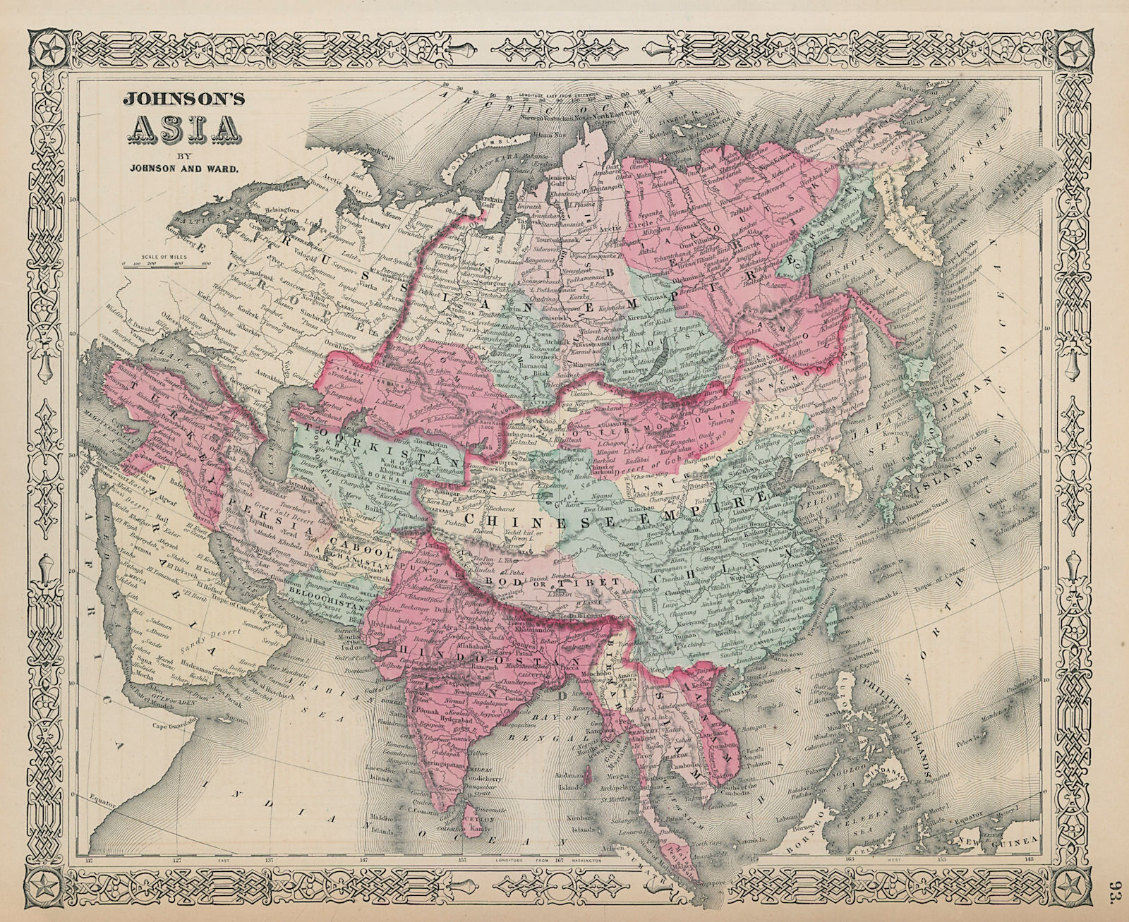 Johnson's Asia. Bod or Tibet. Toorkistan Cabool Birmah Persia Corea 1865 map