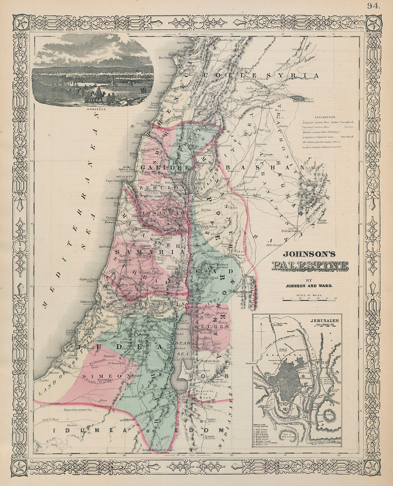 Johnson's Palestine. Jerusalem Damascus. 12 tribes of Israel. Holy Land 1865 map