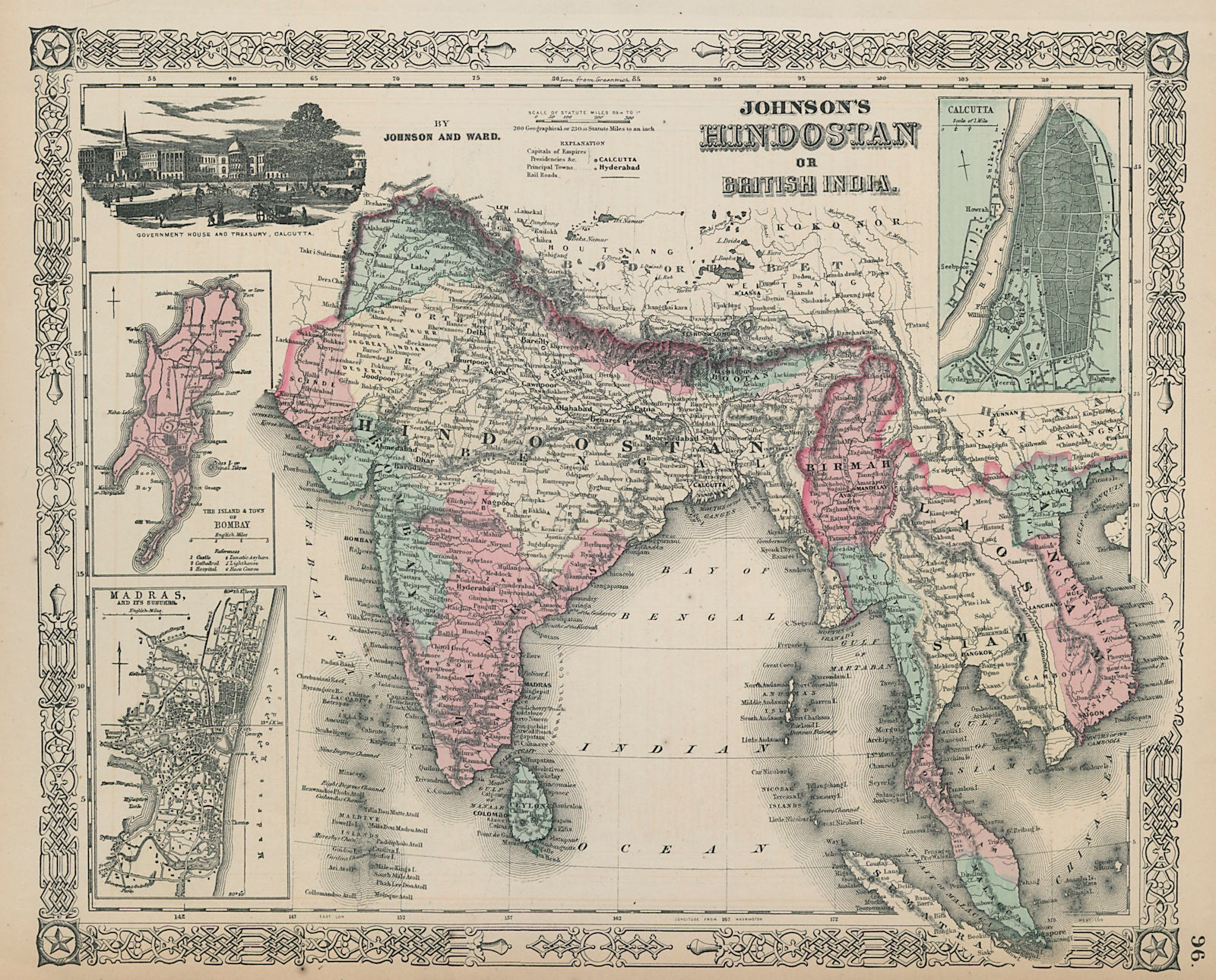 Johnson's Hindostan or British India. Bombay Madras Calcutta. Indochina 1865 map